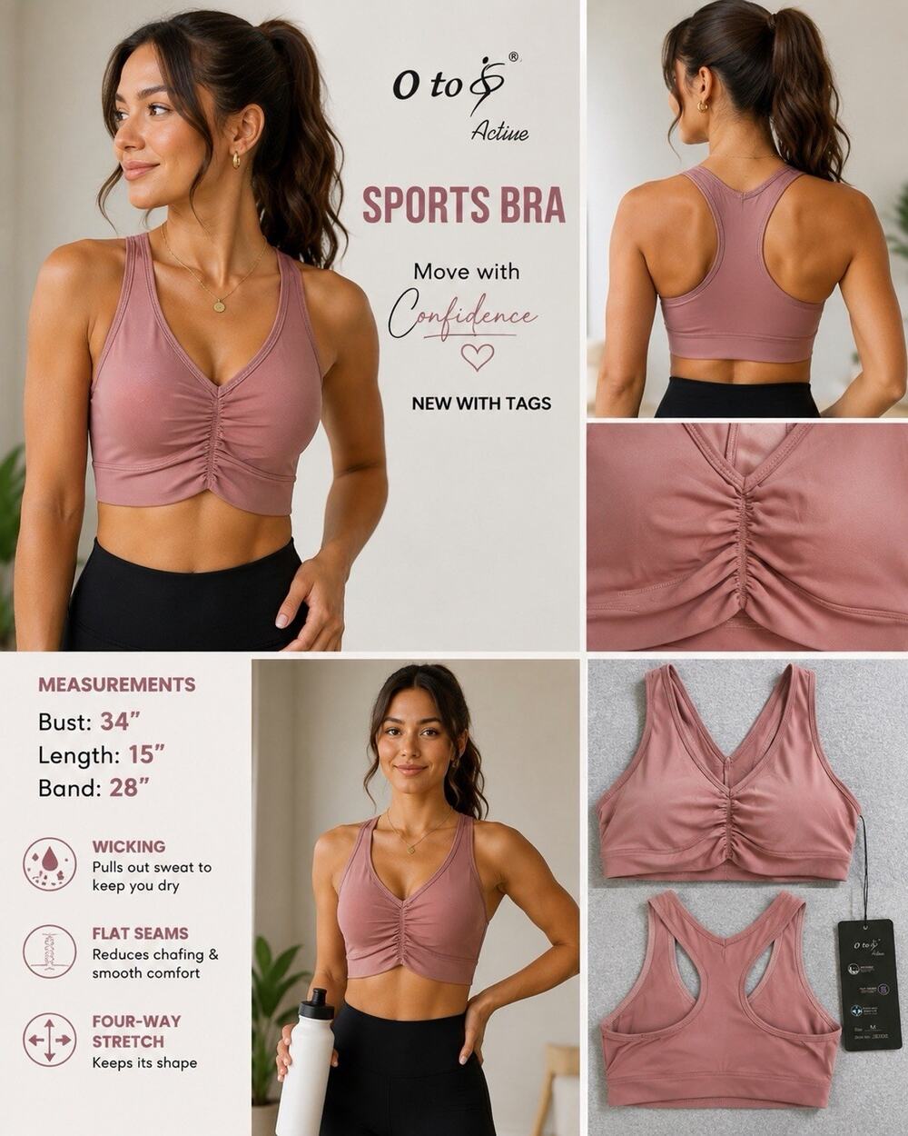 O to S Active Sports Bra Medium NWT Pink Ruched Front Racerback Moisture Wicking